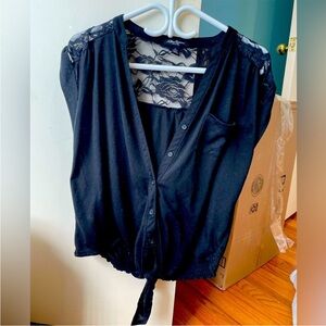 Black lace front tie top